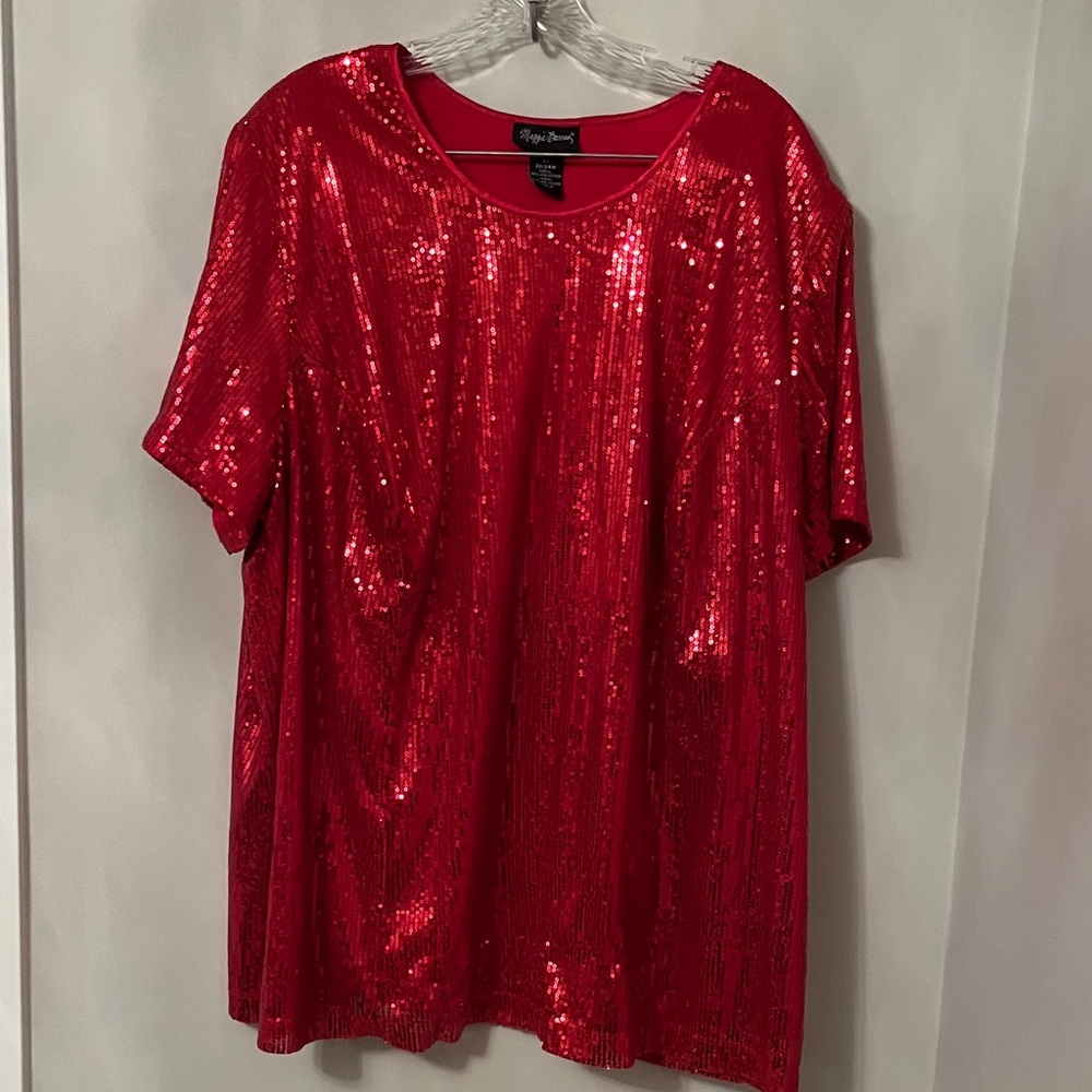 Maggie Barnes Sparkling Red Sequin Short Sleeve Top